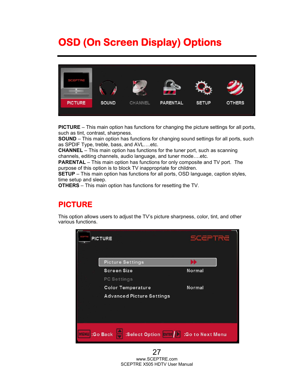 Osd (on screen display) options, Picture | Sceptre E505BV-FMQR User Manual | Page 27 / 58