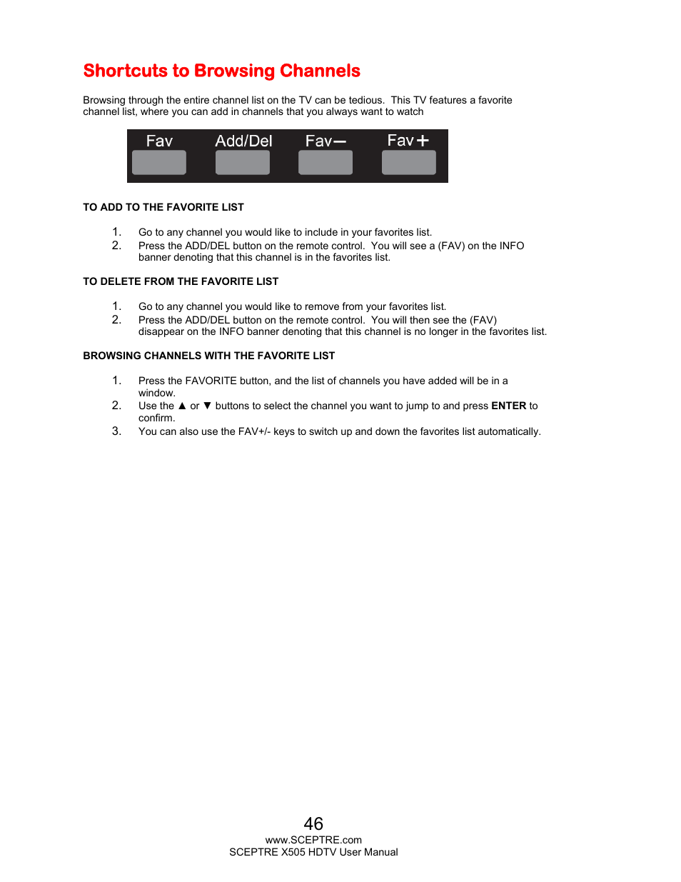 Shortcuts to browsing channels | Sceptre E505BV-FMQR User Manual | Page 46 / 58
