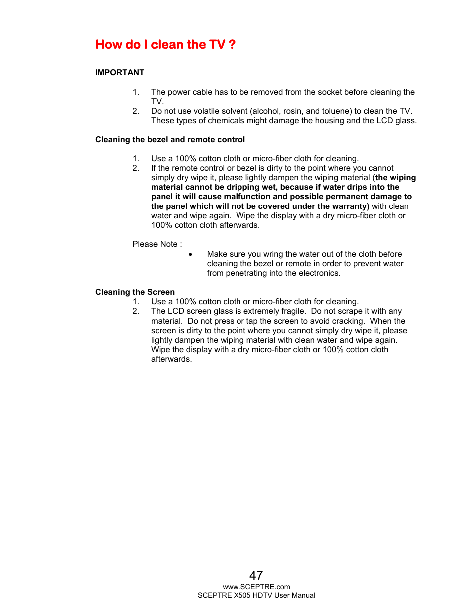 How do i clean the tv | Sceptre E505BV-FMQR User Manual | Page 47 / 58