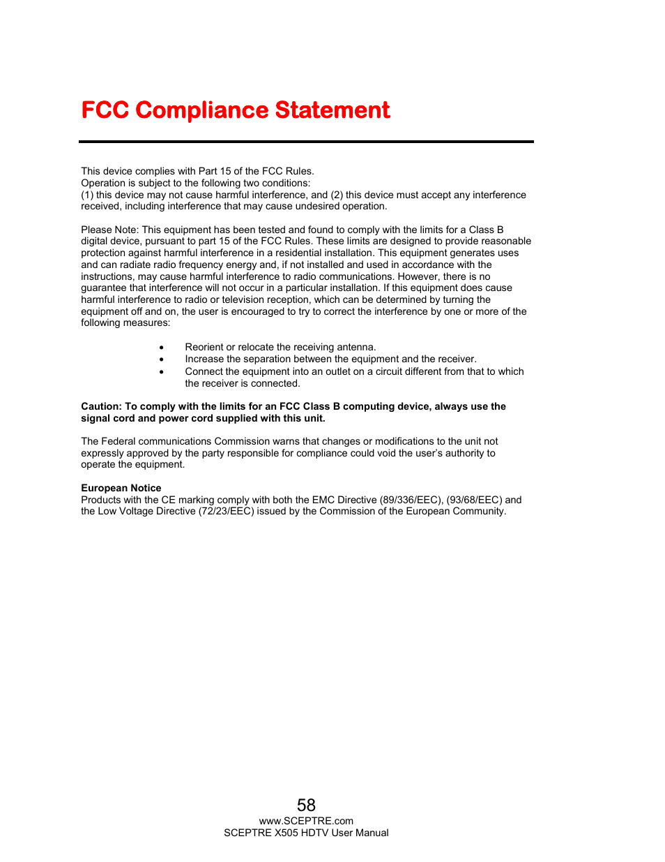 Fcc compliance statement | Sceptre E505BV-FMQR User Manual | Page 58 / 58