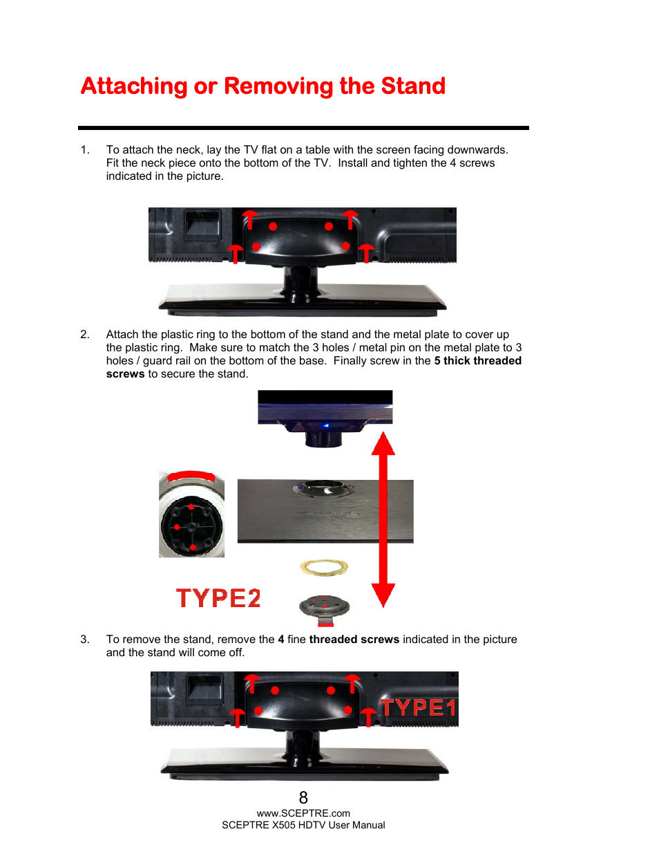 Attaching or removing the stand | Sceptre E505BV-FMQR User Manual | Page 8 / 58