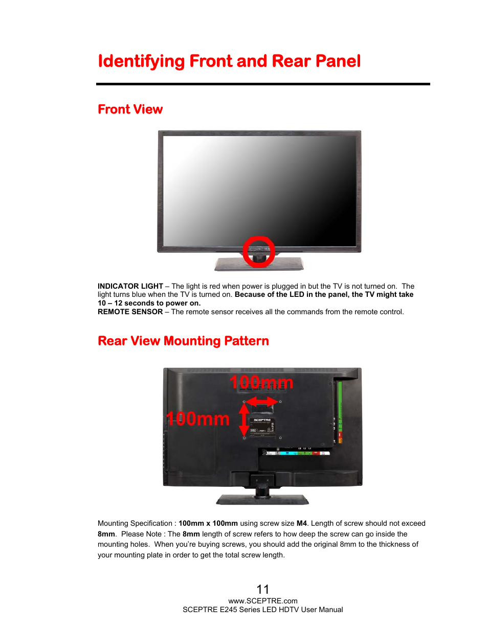 Identifying front and rear panel, Front view, Rear view mounting pattern | Sceptre E245BD-FHDR User Manual | Page 11 / 58
