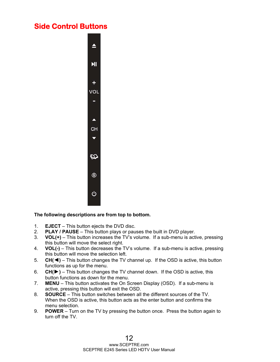 Side control buttons | Sceptre E245BD-FHDR User Manual | Page 12 / 58