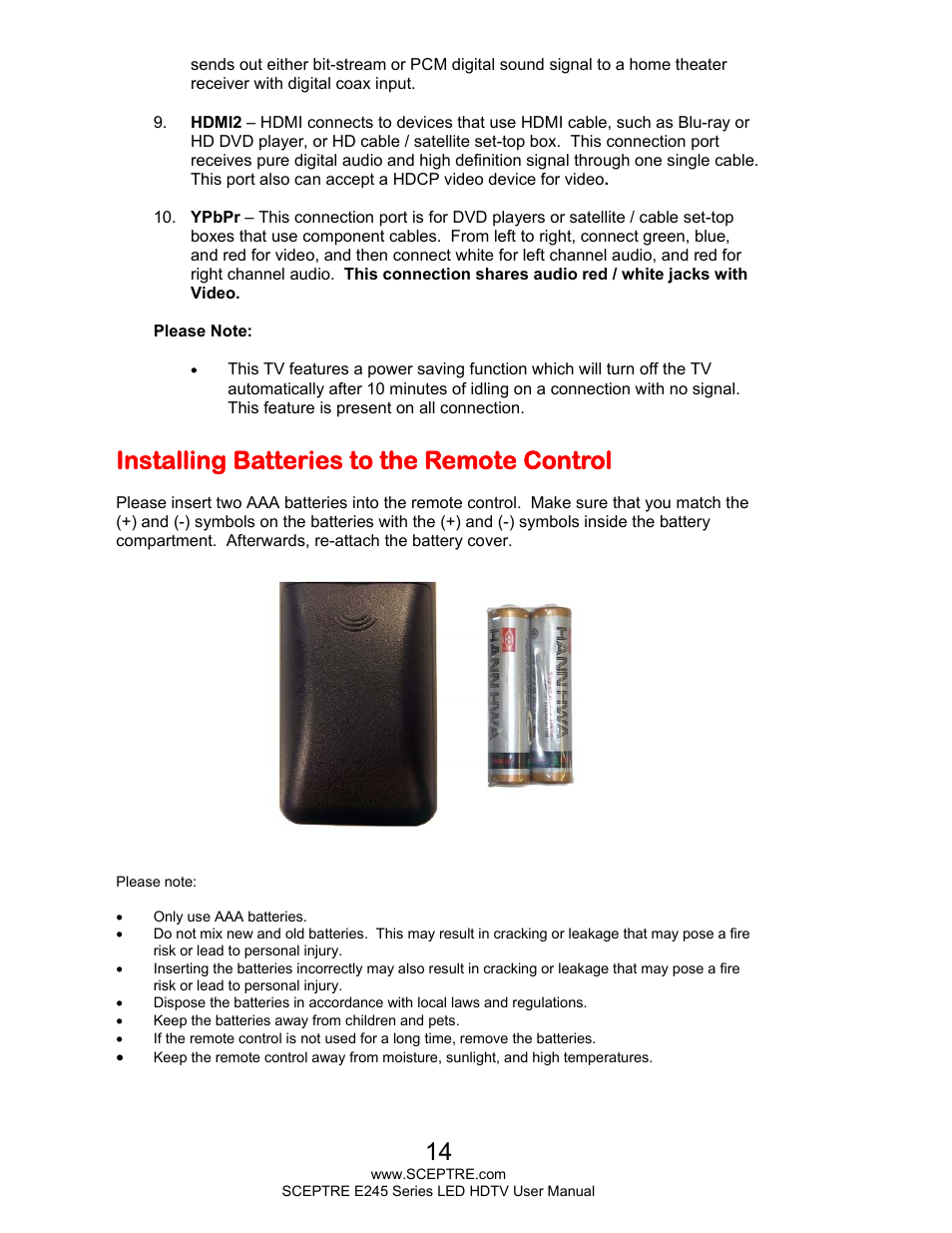 Installing batteries to the remote control | Sceptre E245BD-FHDR User Manual | Page 14 / 58