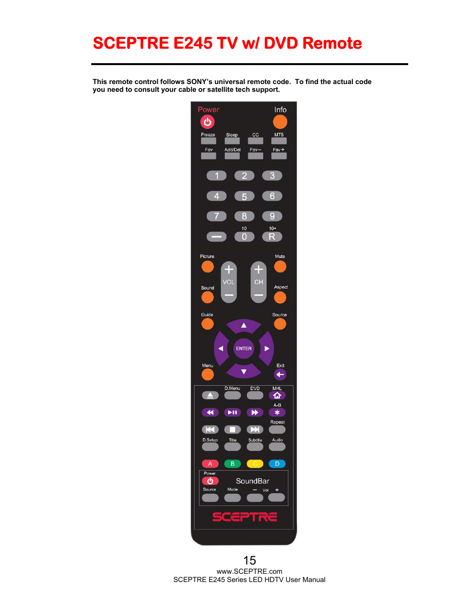 Sceptre e245 tv w/ dvd remote | Sceptre E245BD-FHDR User Manual | Page 15 / 58