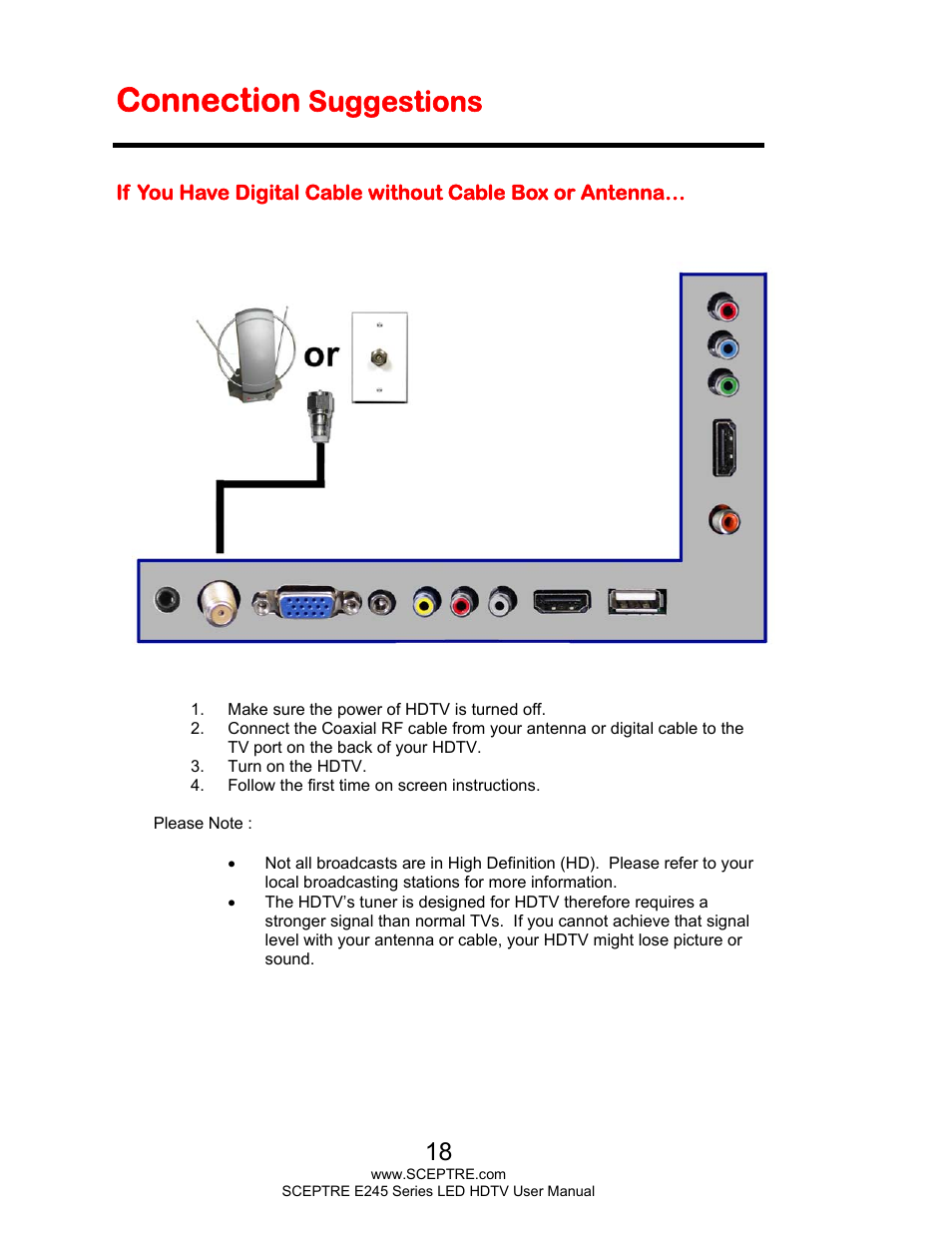 Connection, Suggestions | Sceptre E245BD-FHDR User Manual | Page 18 / 58