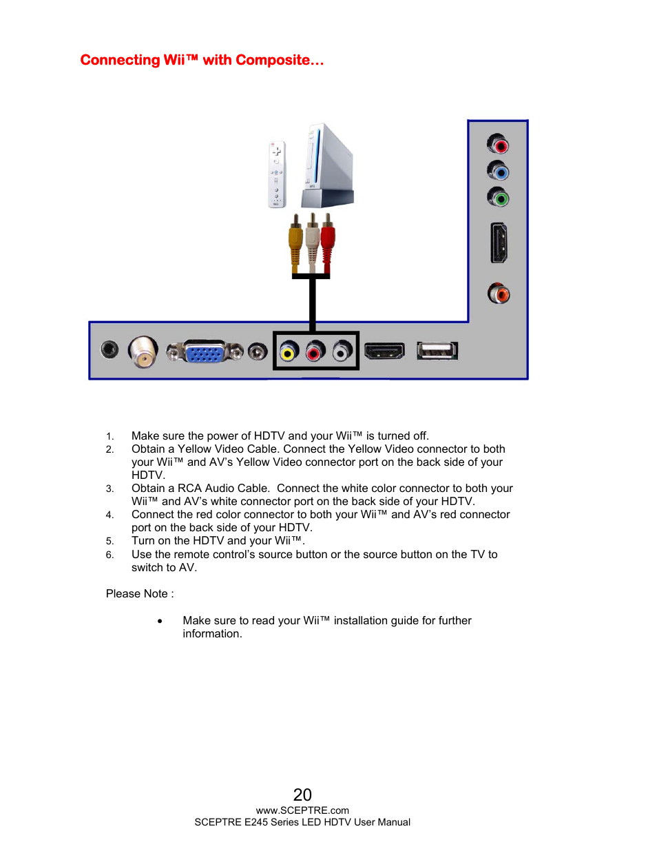 Connecting wii™ with composite | Sceptre E245BD-FHDR User Manual | Page 20 / 58