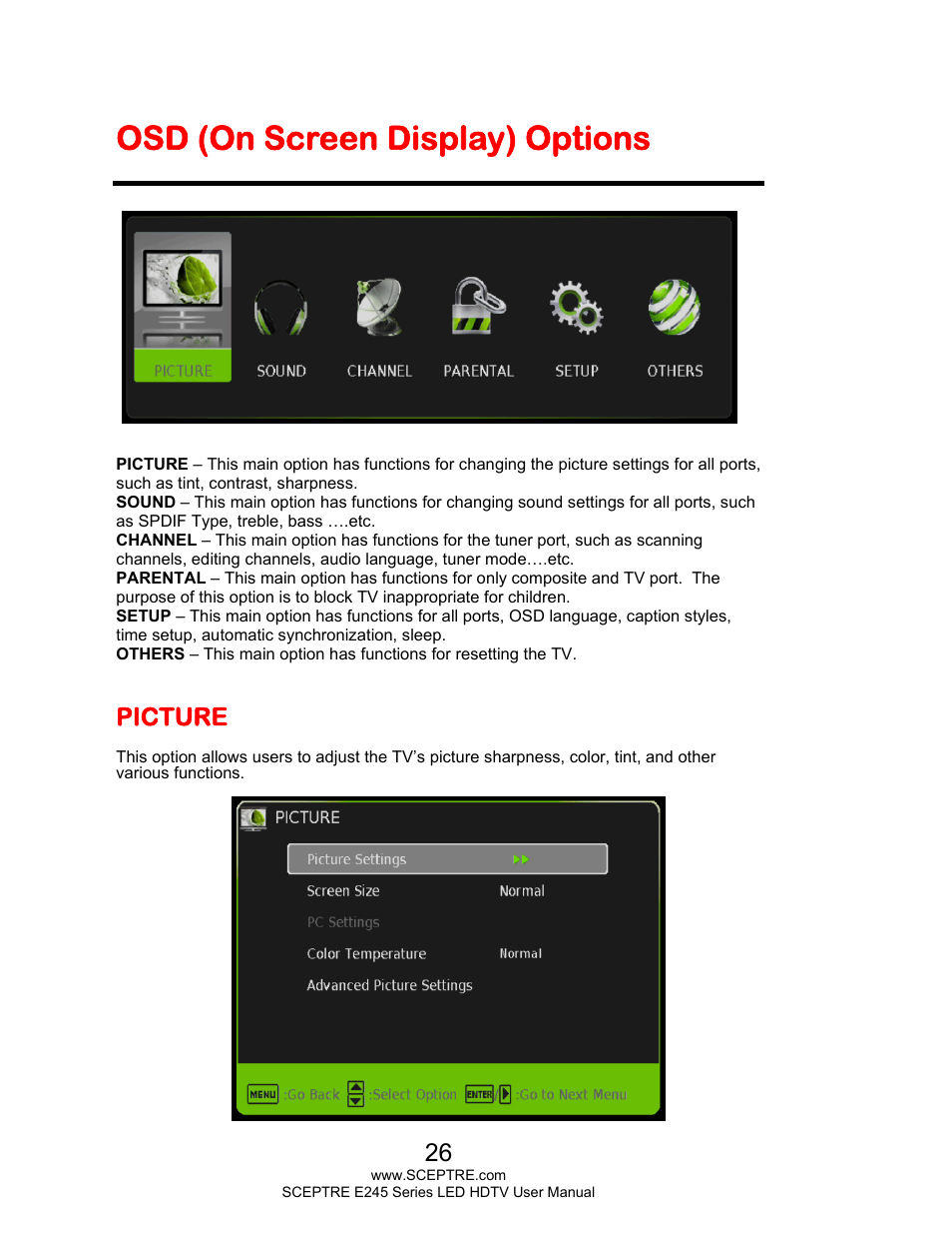 Osd (on screen display) options, Picture | Sceptre E245BD-FHDR User Manual | Page 26 / 58