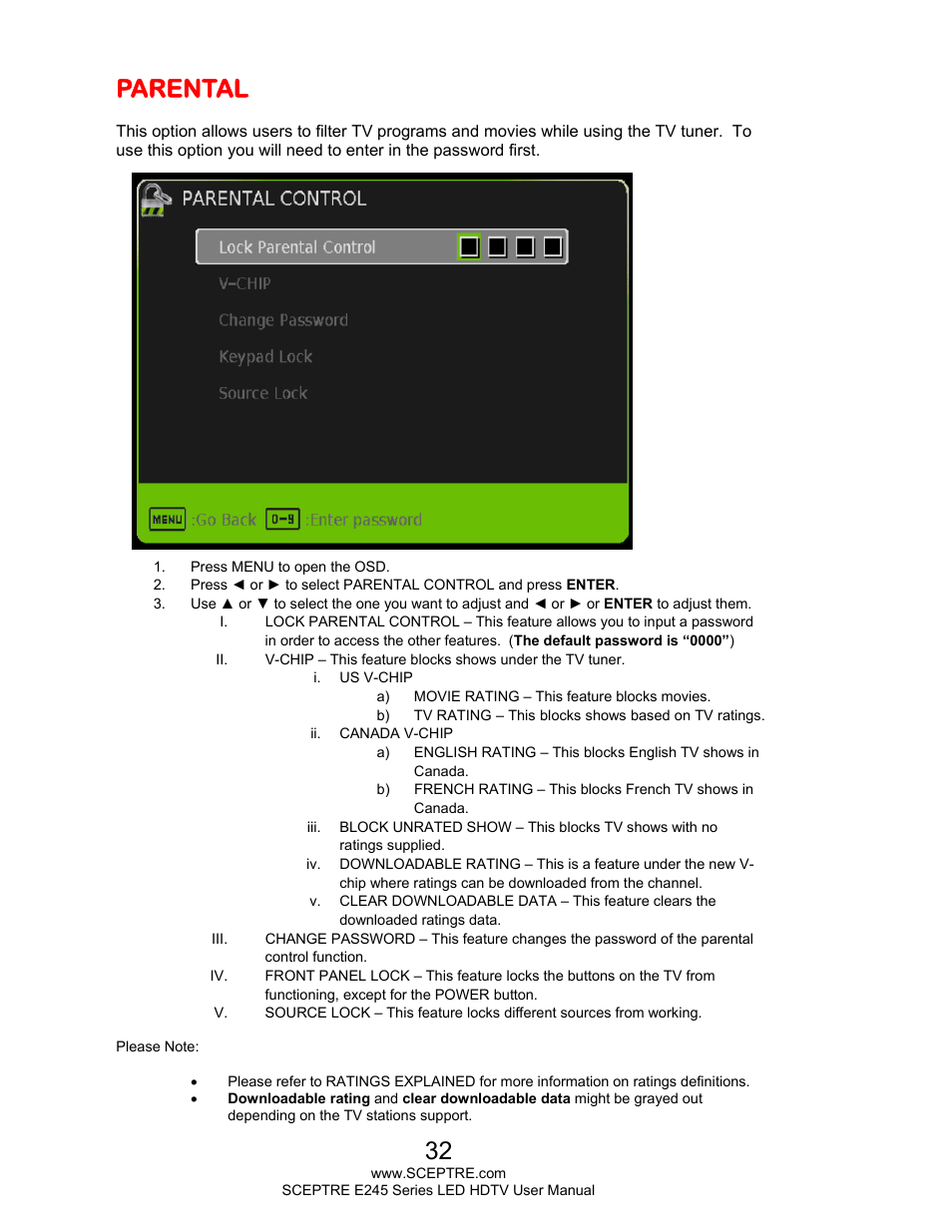 Parental | Sceptre E245BD-FHDR User Manual | Page 32 / 58