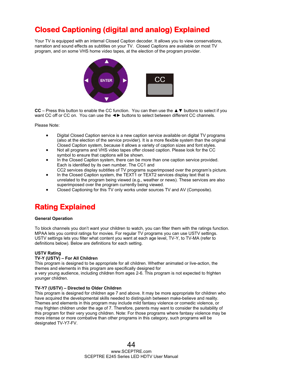 Closed captioning (digital and analog) explained, Rating explained | Sceptre E245BD-FHDR User Manual | Page 44 / 58