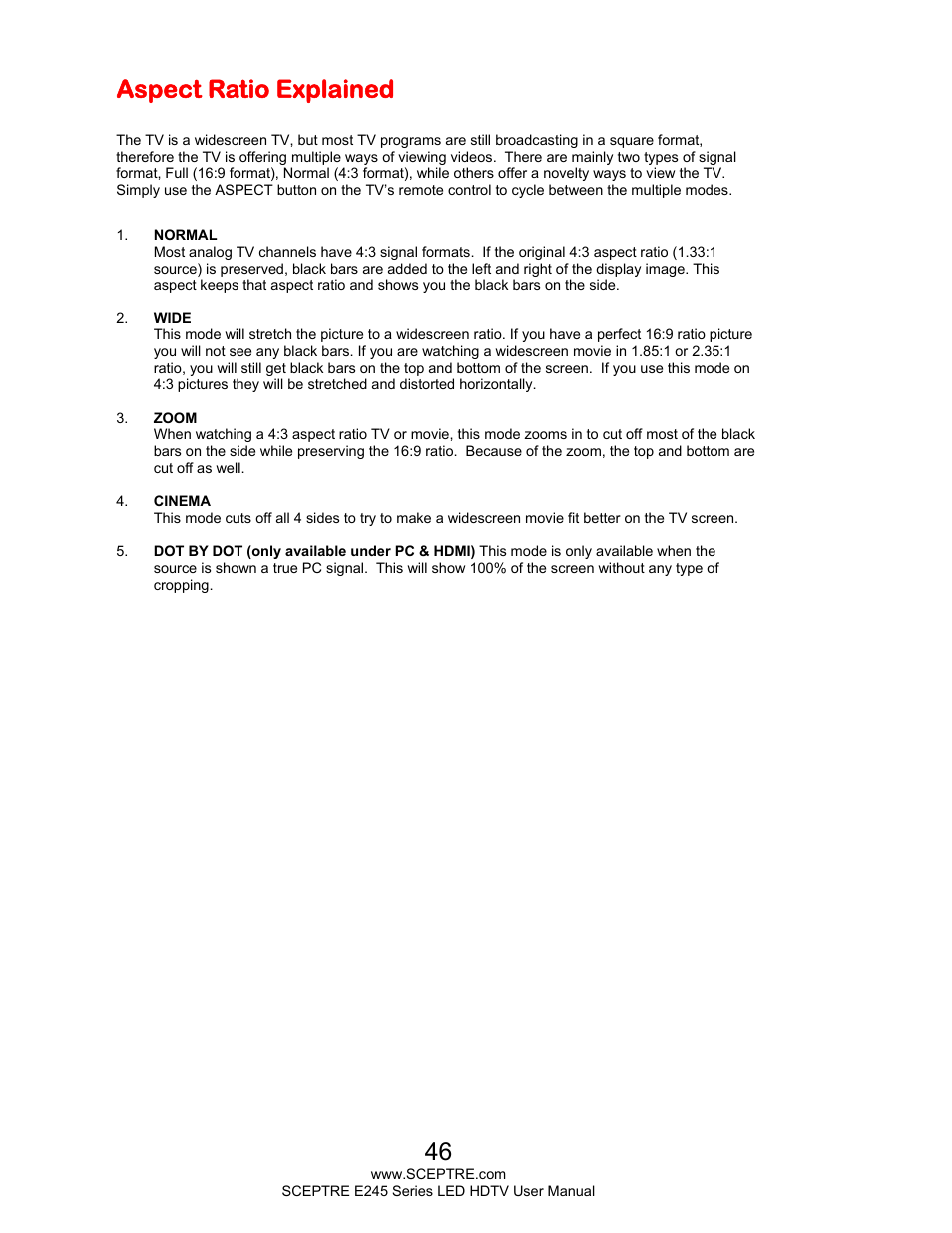 Aspect ratio explained | Sceptre E245BD-FHDR User Manual | Page 46 / 58