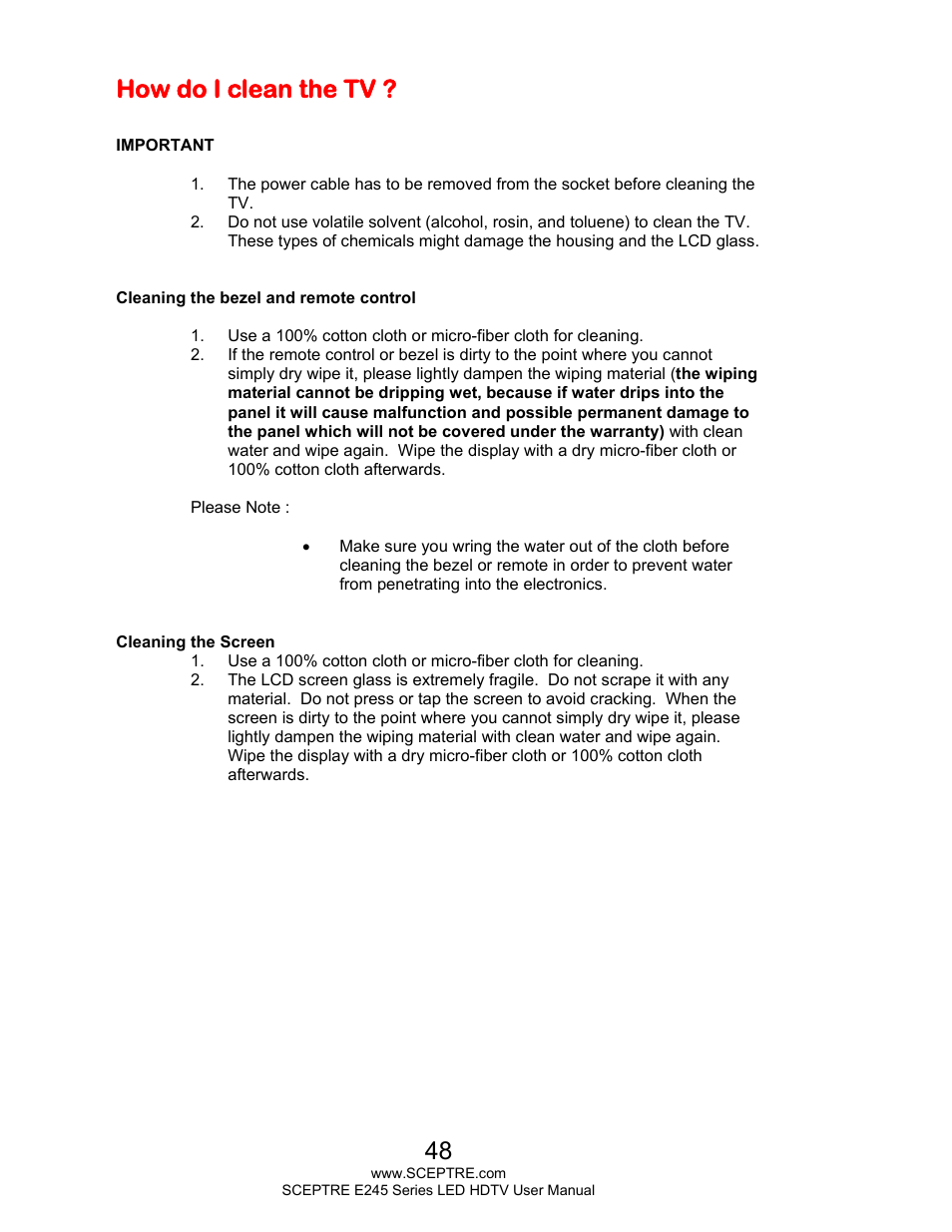 How do i clean the tv | Sceptre E245BD-FHDR User Manual | Page 48 / 58