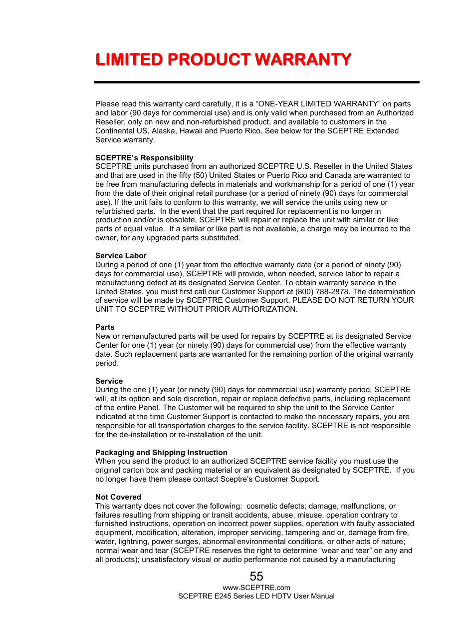 Limited product warranty | Sceptre E245BD-FHDR User Manual | Page 55 / 58