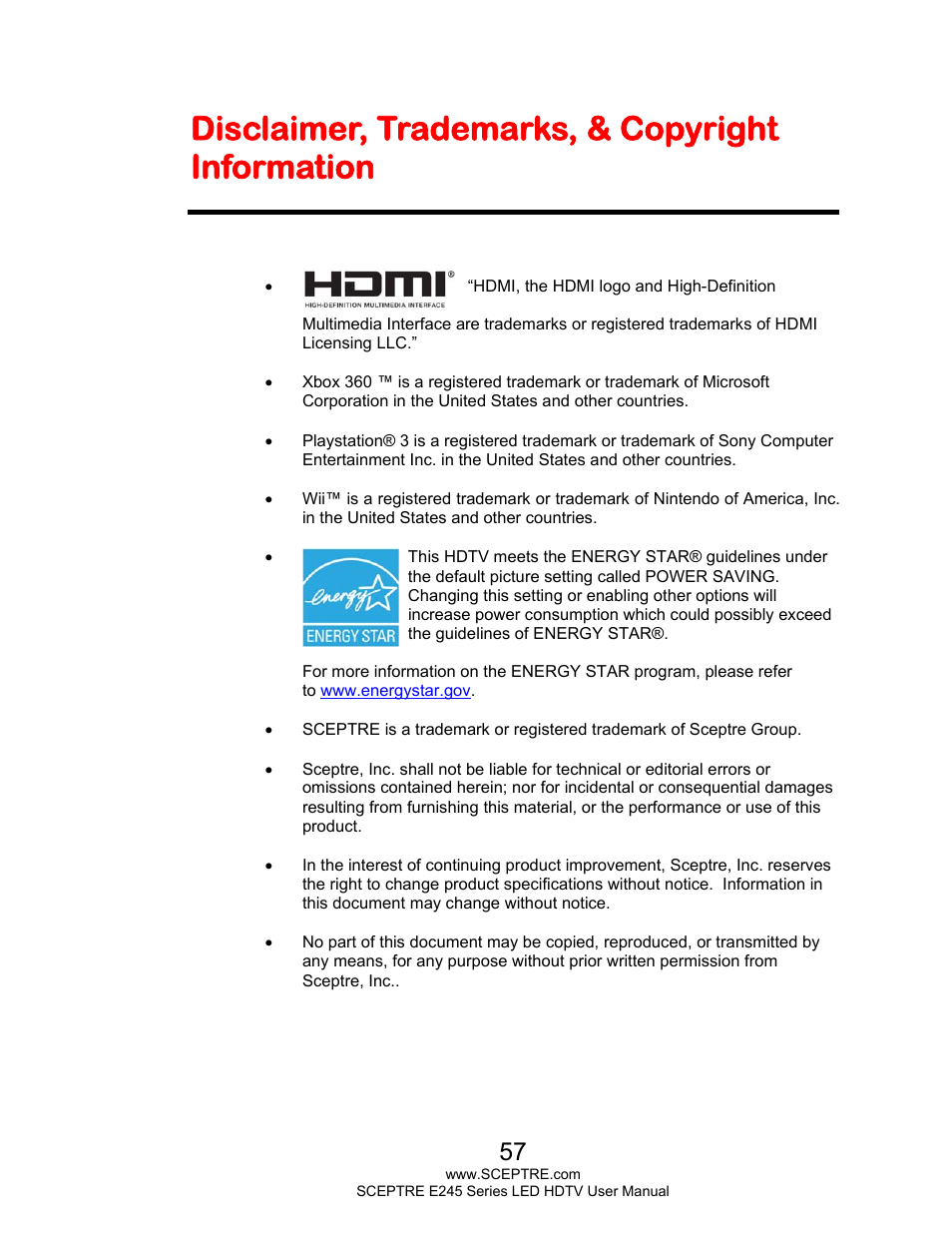 Disclaimer, trademarks, & copyright information | Sceptre E245BD-FHDR User Manual | Page 57 / 58