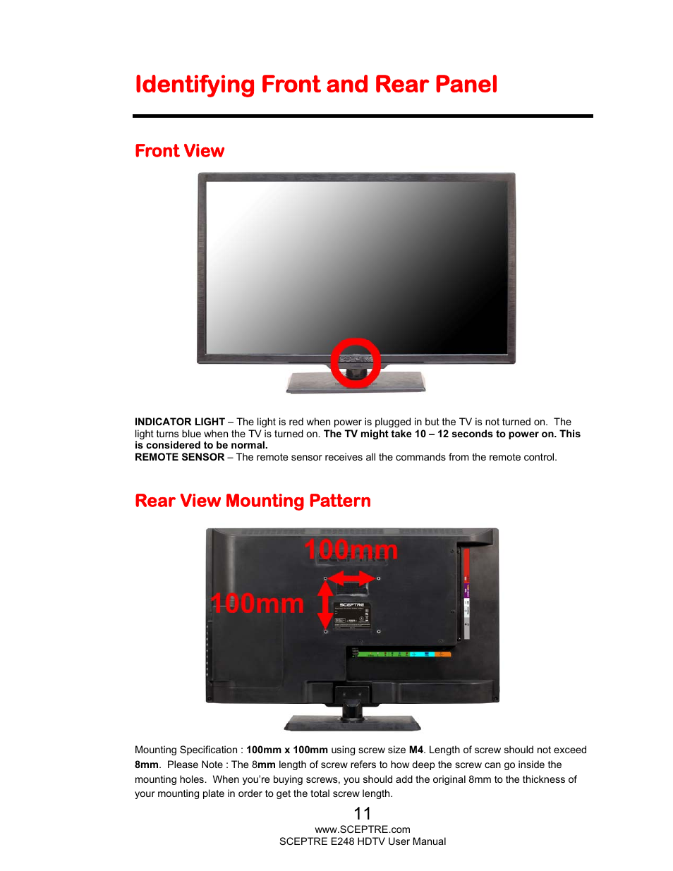 Identifying front and rear panel, Front view, Rear view mounting pattern | Sceptre E248BD-FMQR User Manual | Page 11 / 65