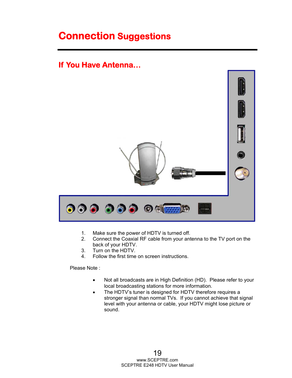 Connection, Suggestions, If you have antenna | Sceptre E248BD-FMQR User Manual | Page 19 / 65