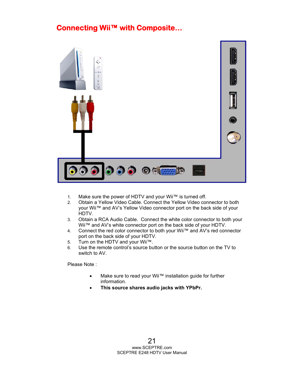 Connecting wii™ with composite | Sceptre E248BD-FMQR User Manual | Page 21 / 65