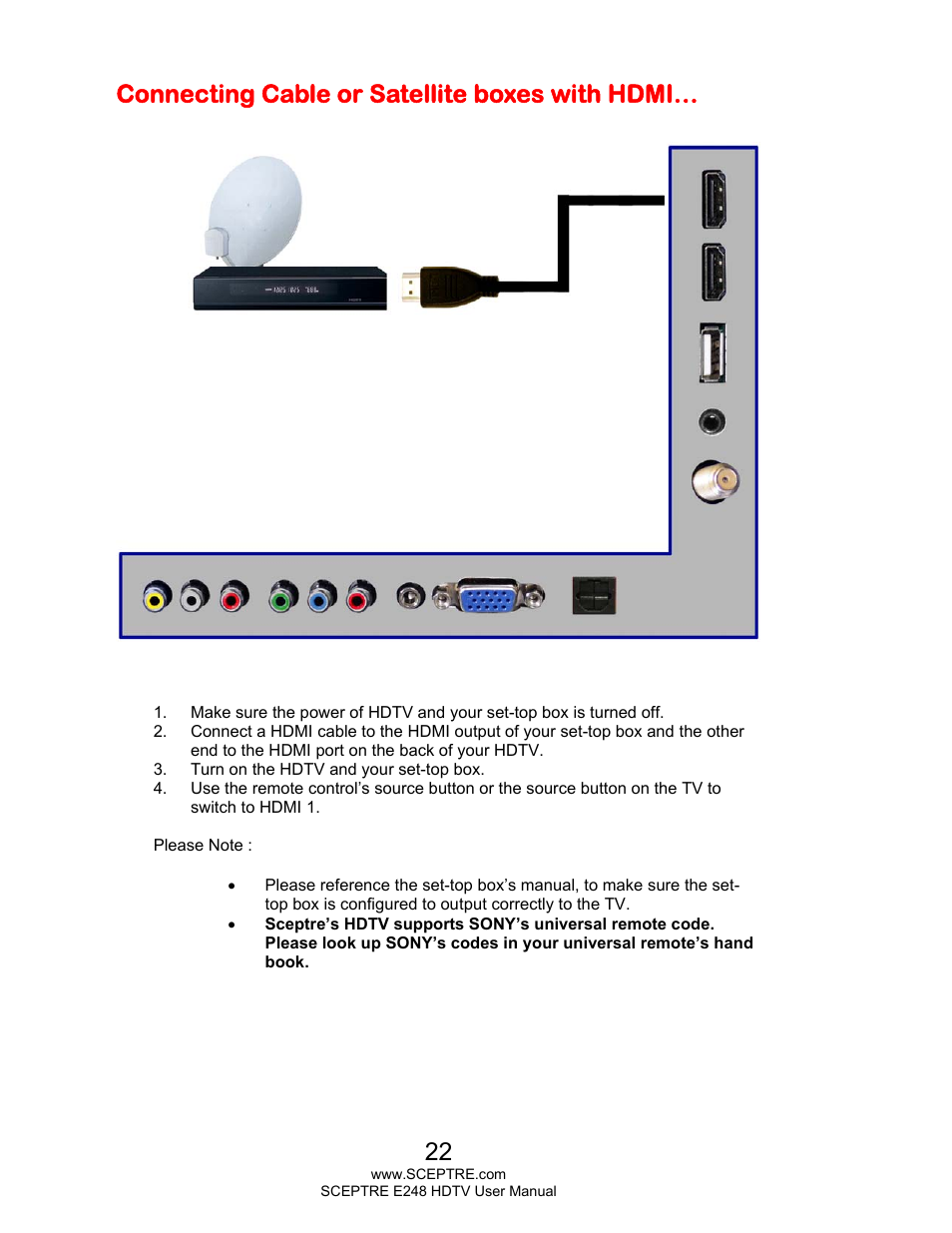 Connecting cable or satellite boxes with hdmi | Sceptre E248BD-FMQR User Manual | Page 22 / 65