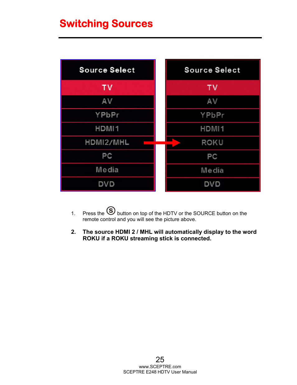 Switching sources | Sceptre E248BD-FMQR User Manual | Page 25 / 65