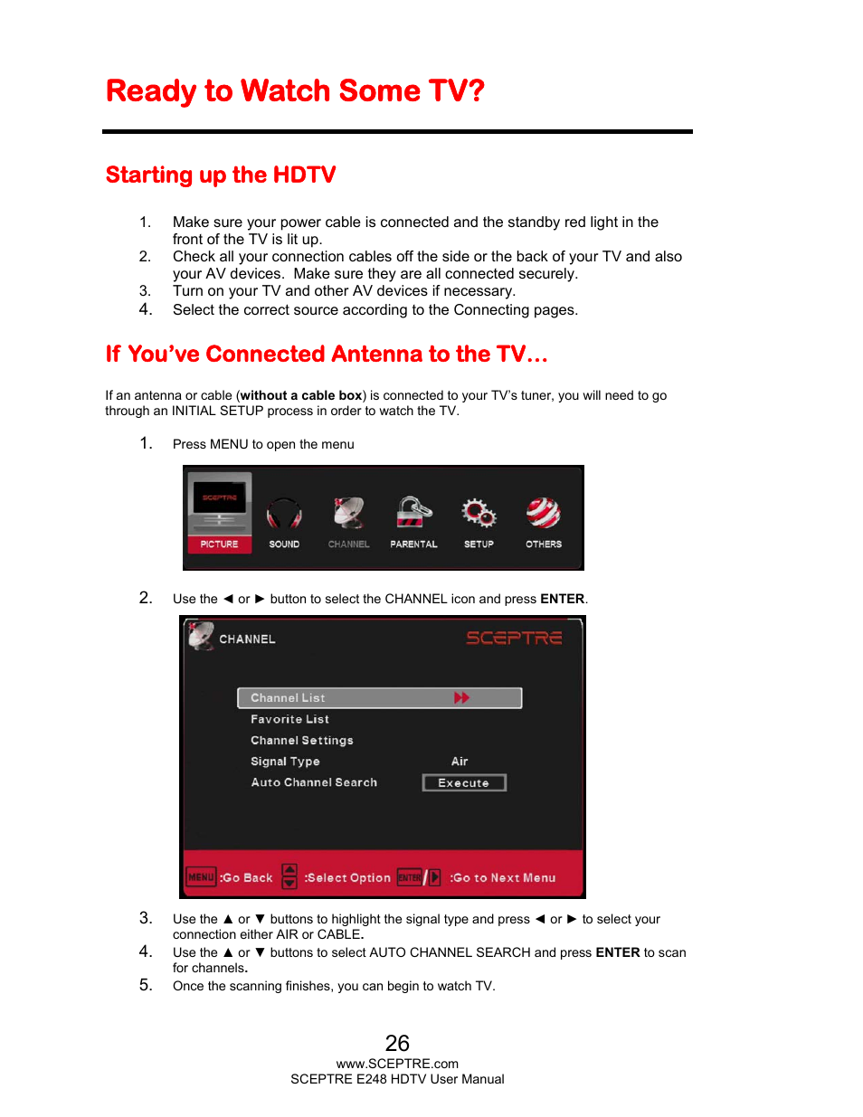 Ready to watch some tv, Starting up the hdtv, If you’ve connected antenna to the tv | Sceptre E248BD-FMQR User Manual | Page 26 / 65