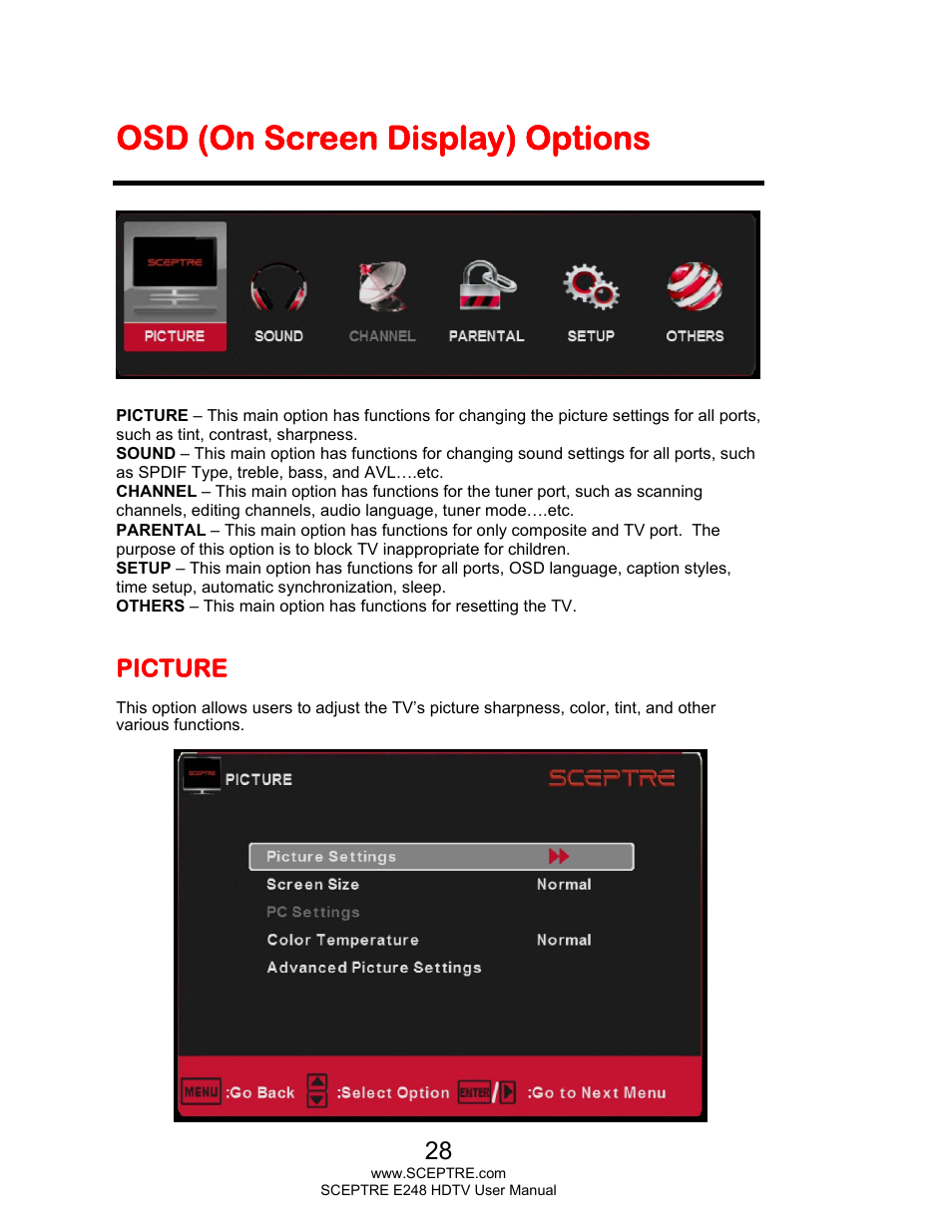 Osd (on screen display) options, Picture | Sceptre E248BD-FMQR User Manual | Page 28 / 65