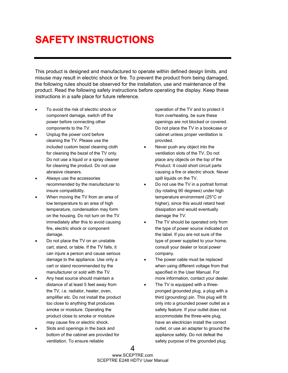 Safety instructions | Sceptre E248BD-FMQR User Manual | Page 4 / 65