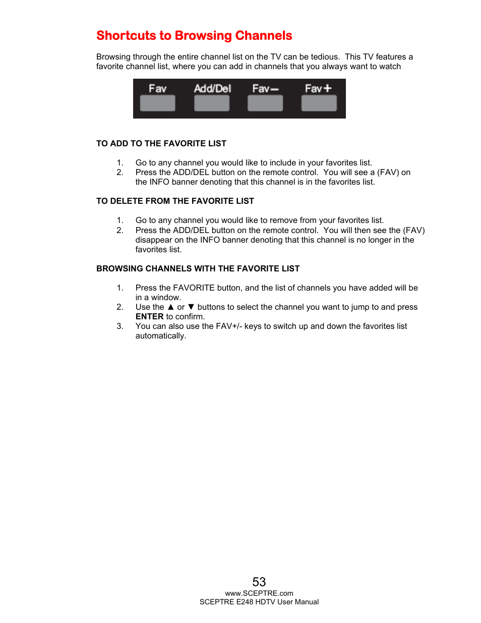 Shortcuts to browsing channels | Sceptre E248BD-FMQR User Manual | Page 53 / 65