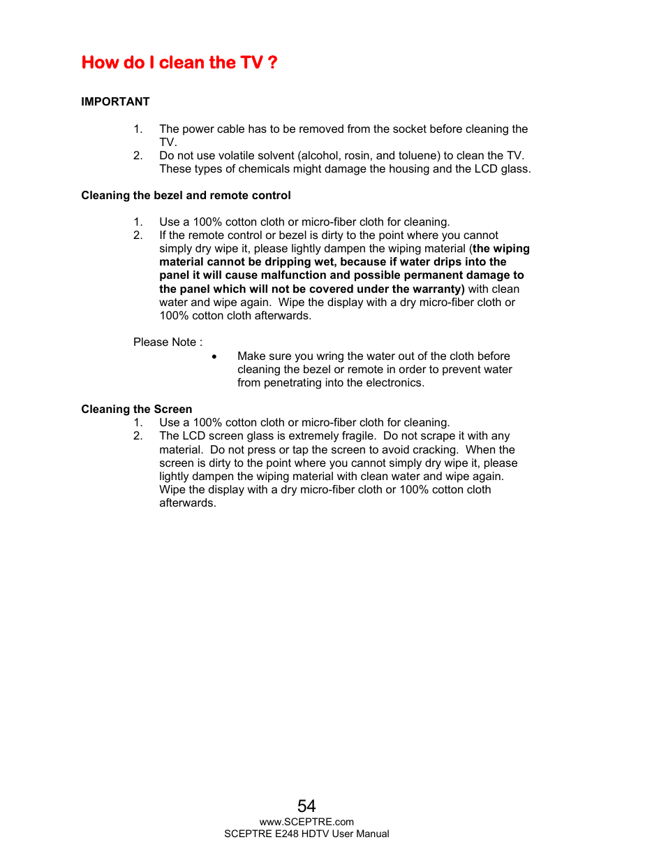 How do i clean the tv | Sceptre E248BD-FMQR User Manual | Page 54 / 65