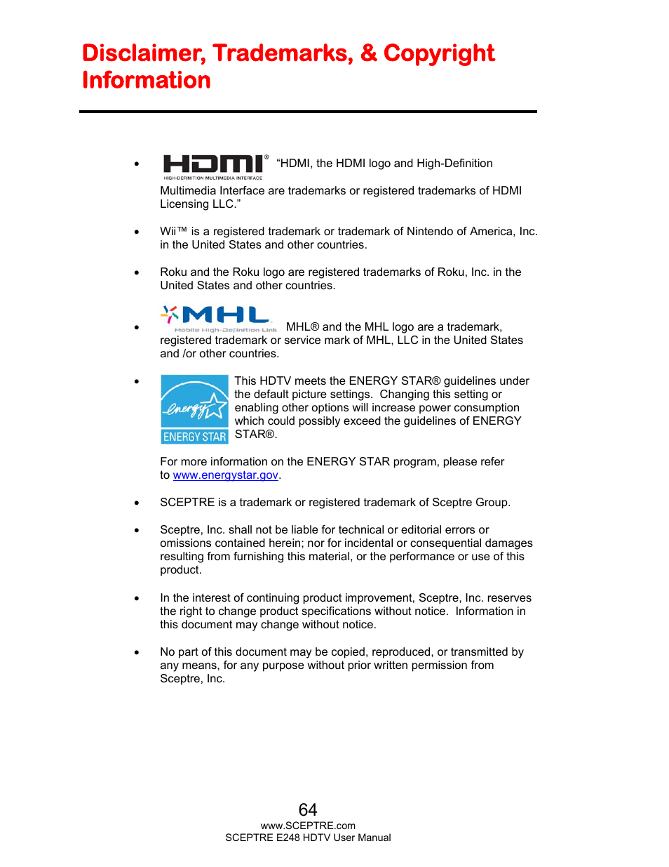 Disclaimer, trademarks, & copyright information | Sceptre E248BD-FMQR User Manual | Page 64 / 65