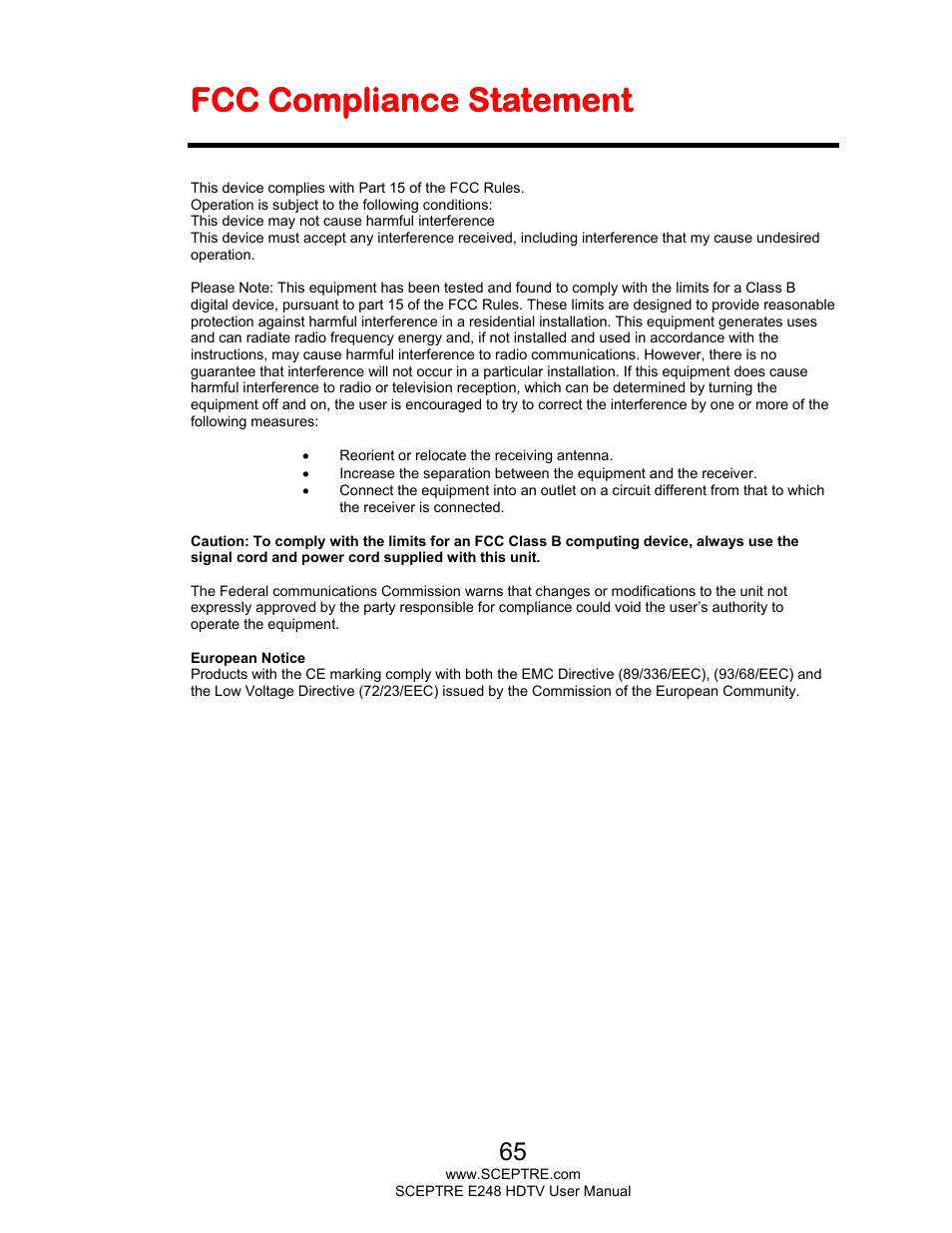 Fcc compliance statement | Sceptre E248BD-FMQR User Manual | Page 65 / 65