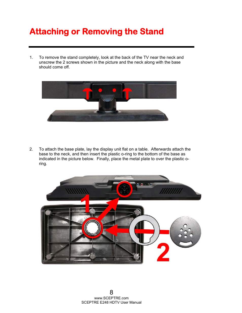 Attaching or removing the stand | Sceptre E248BD-FMQR User Manual | Page 8 / 65