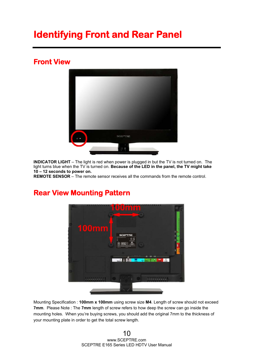 Identifying front and rear panel, Front view, Rear view mounting pattern | Sceptre E165BD-HD User Manual | Page 10 / 58