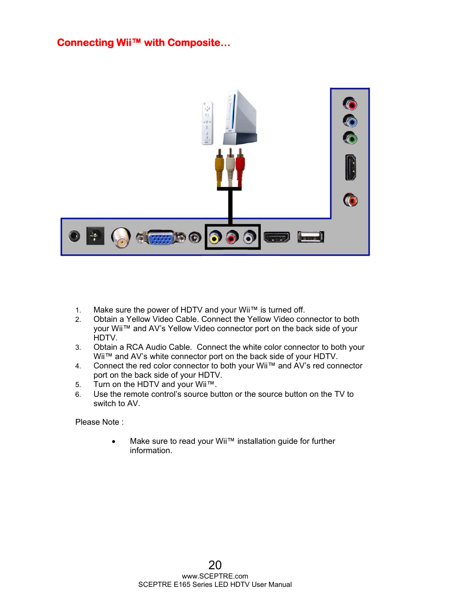 Connecting wii™ with composite | Sceptre E165BD-HD User Manual | Page 20 / 58