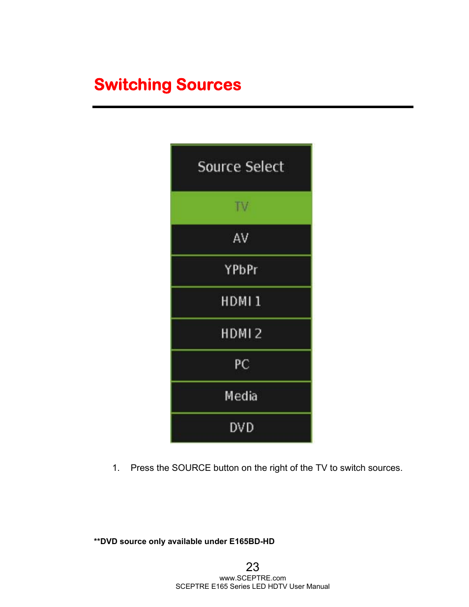 Switching sources | Sceptre E165BD-HD User Manual | Page 23 / 58