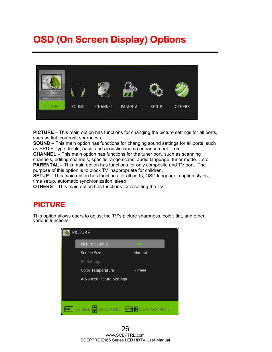 Osd (on screen display) options, Picture | Sceptre E165BD-HD User Manual | Page 26 / 58