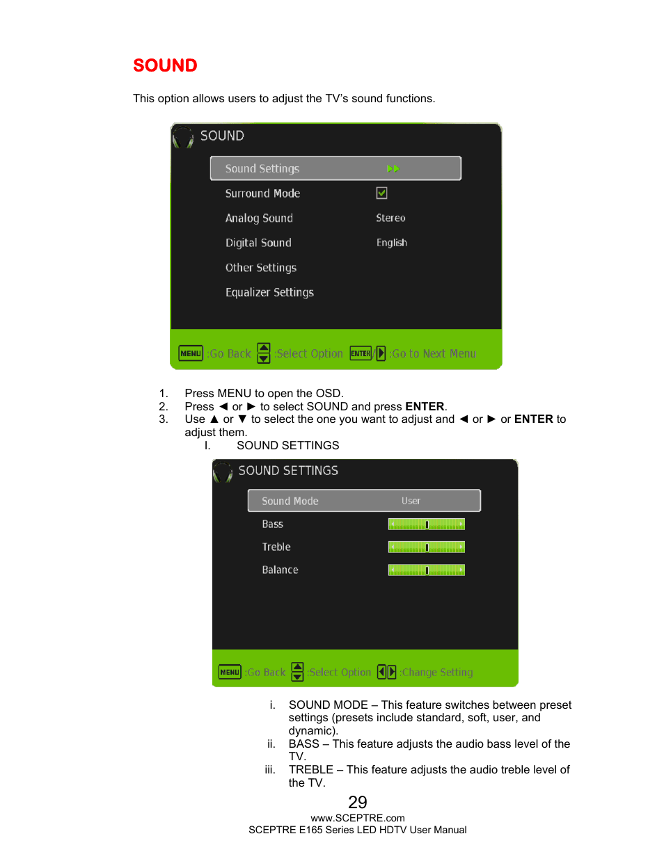 Sound | Sceptre E165BD-HD User Manual | Page 29 / 58