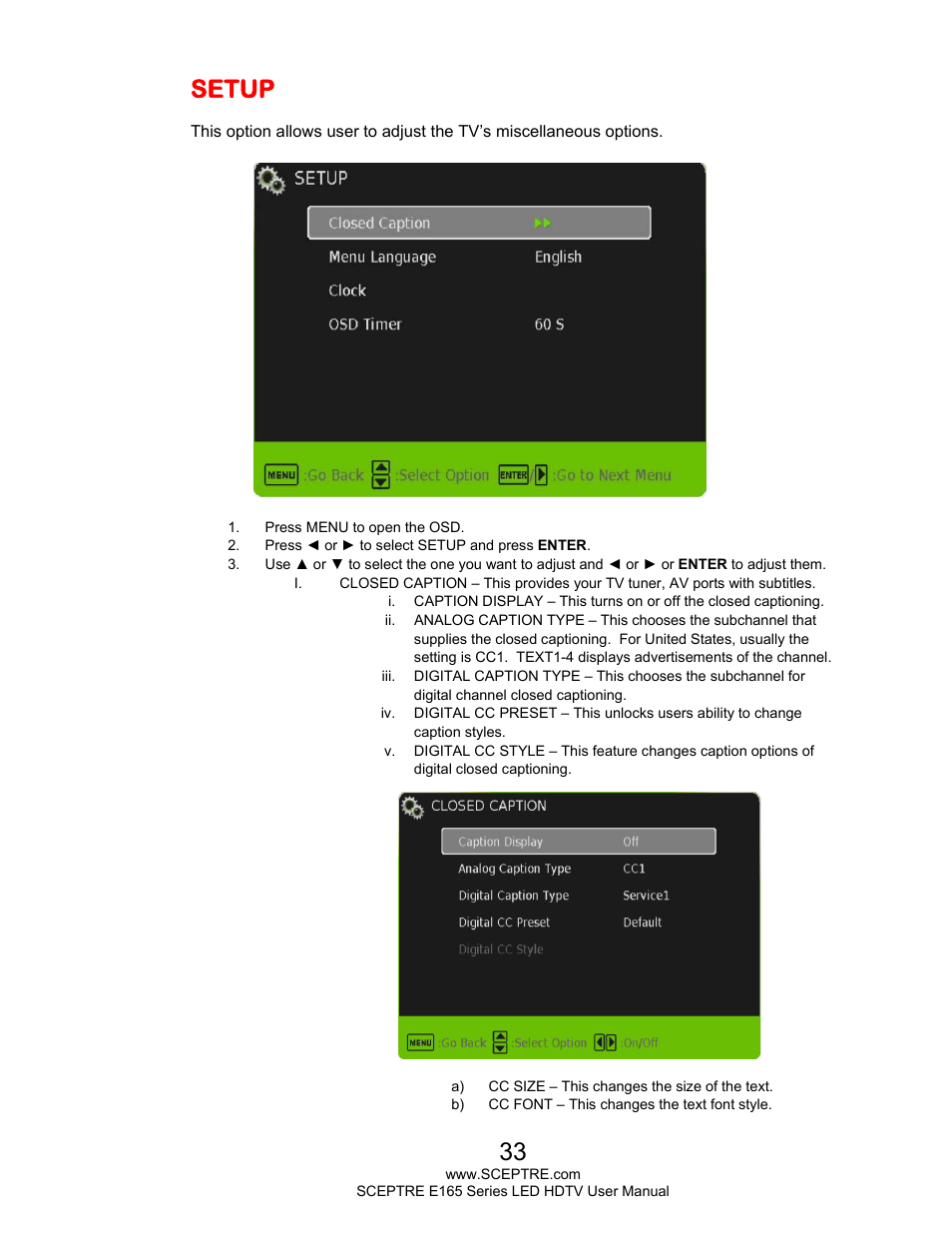 Setup | Sceptre E165BD-HD User Manual | Page 33 / 58