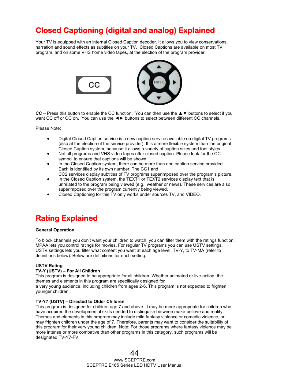 Closed captioning (digital and analog) explained, Rating explained | Sceptre E165BD-HD User Manual | Page 44 / 58