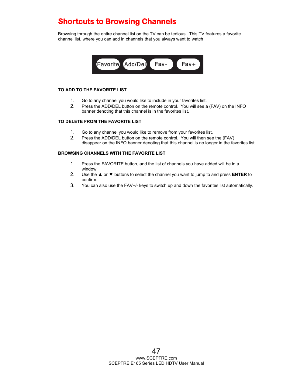 Shortcuts to browsing channels | Sceptre E165BD-HD User Manual | Page 47 / 58