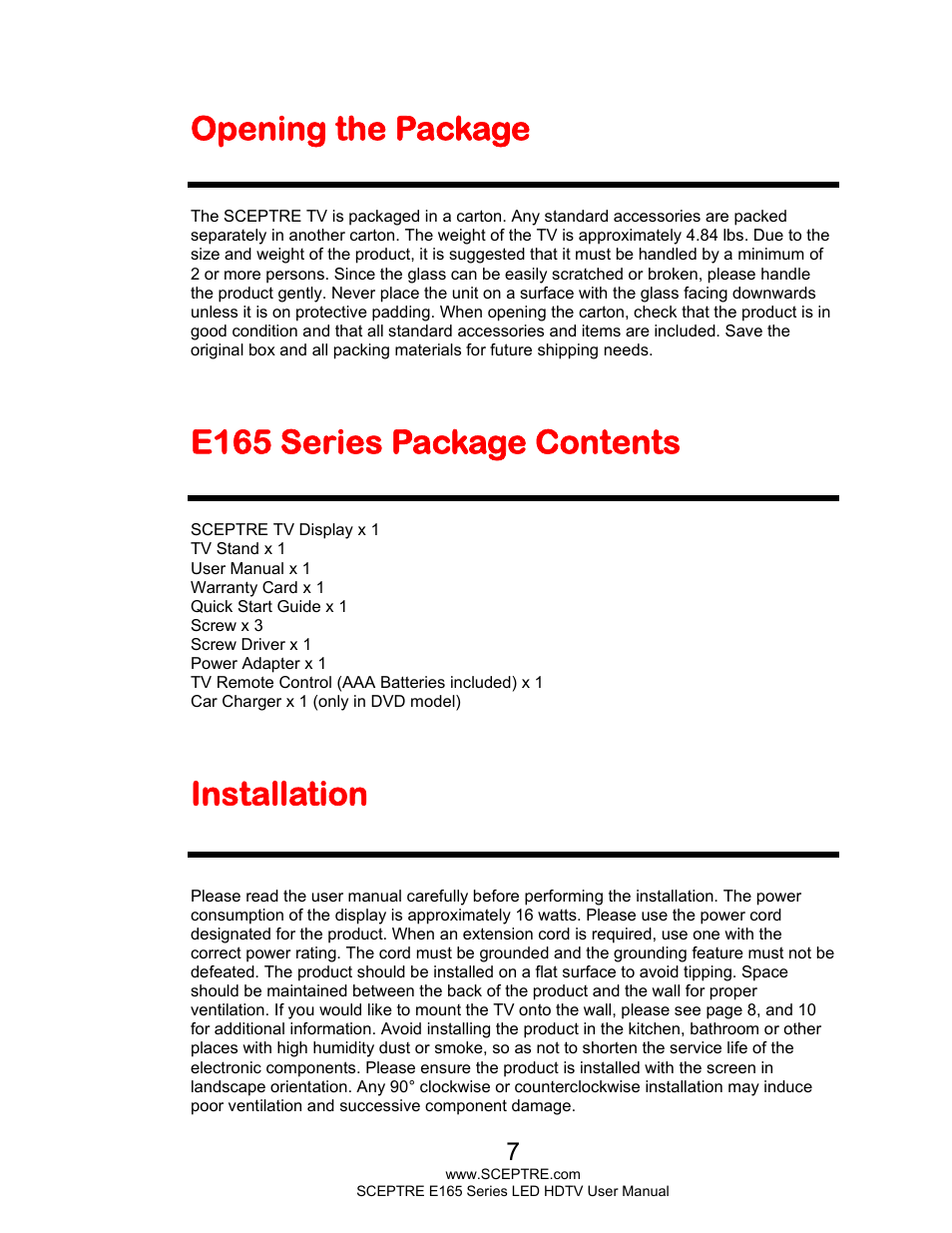 Opening the package, E165 series package contents, Installation | Sceptre E165BD-HD User Manual | Page 7 / 58