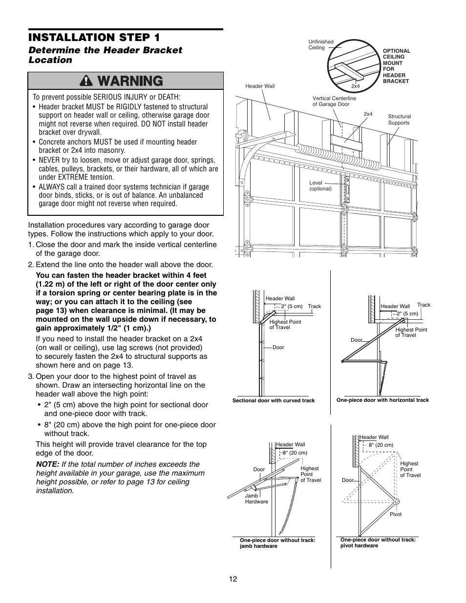 Determine the header bracket location, Installation step 1 | Craftsman 315 SERIES 139.53939D User Manual | Page 12 / 80