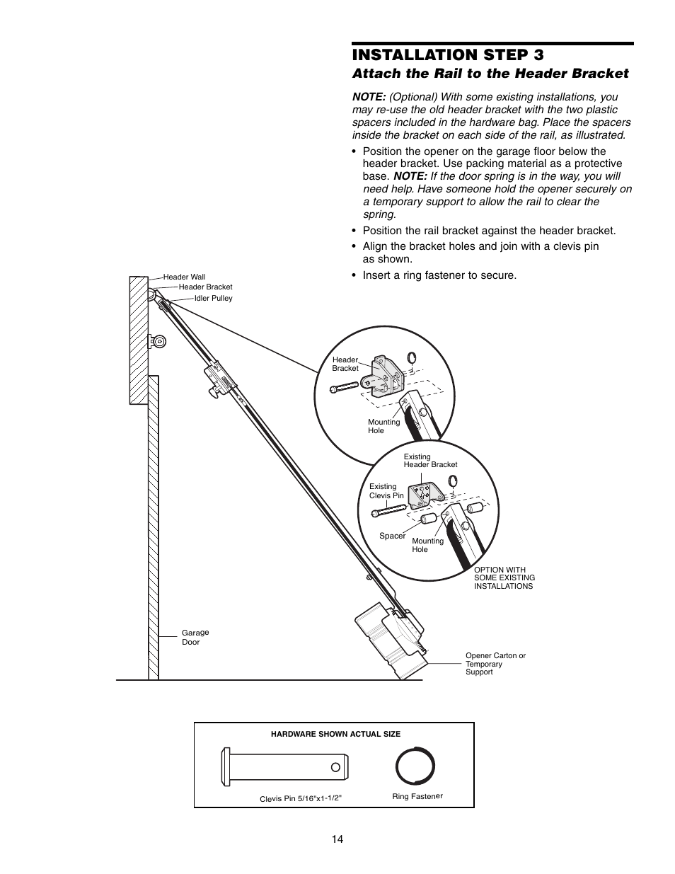 Attach the rail to the header bracket, Installation step 3 | Craftsman 315 SERIES 139.53939D User Manual | Page 14 / 80