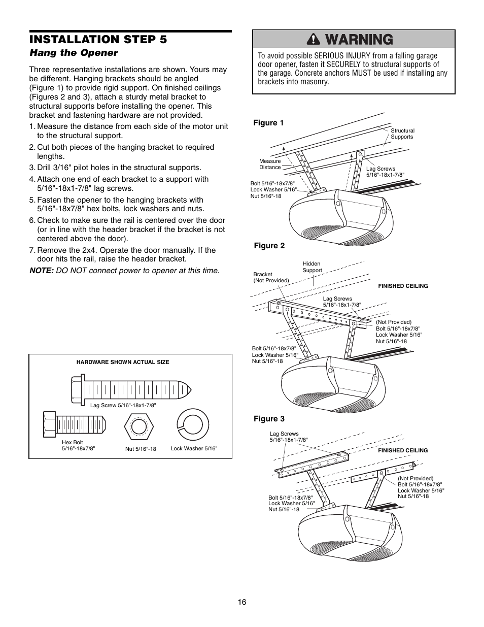 Hang the opener, Installation step 5 | Craftsman 315 SERIES 139.53939D User Manual | Page 16 / 80