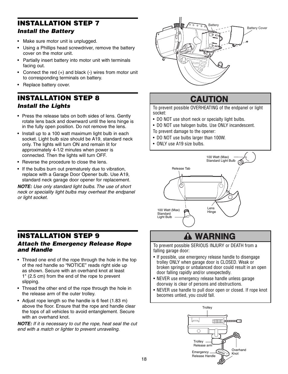 Install the battery, Install the lights, Attach the emergency release rope and handle | Installation step 8, Installation step 9, Installation step 7 | Craftsman 315 SERIES 139.53939D User Manual | Page 18 / 80