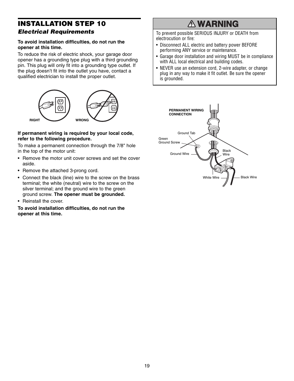 Electrical requirements, Installation step 10 | Craftsman 315 SERIES 139.53939D User Manual | Page 19 / 80