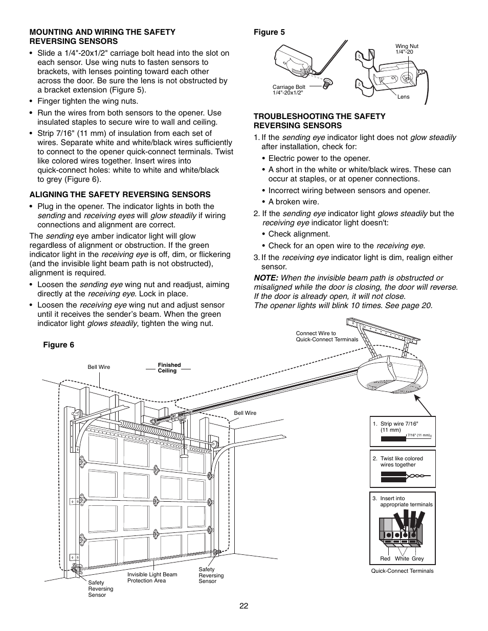 Mounting and wiring the safety reversing sensors, Aligning the safety reversing sensors, Troubleshooting the safety reversing sensors | Craftsman 315 SERIES 139.53939D User Manual | Page 22 / 80