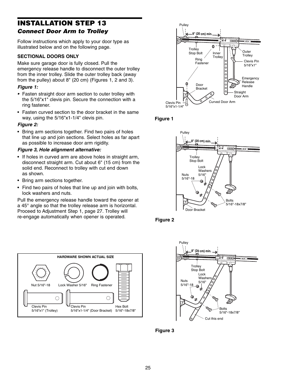 Connect door arm to trolley, Installation step 13 | Craftsman 315 SERIES 139.53939D User Manual | Page 25 / 80