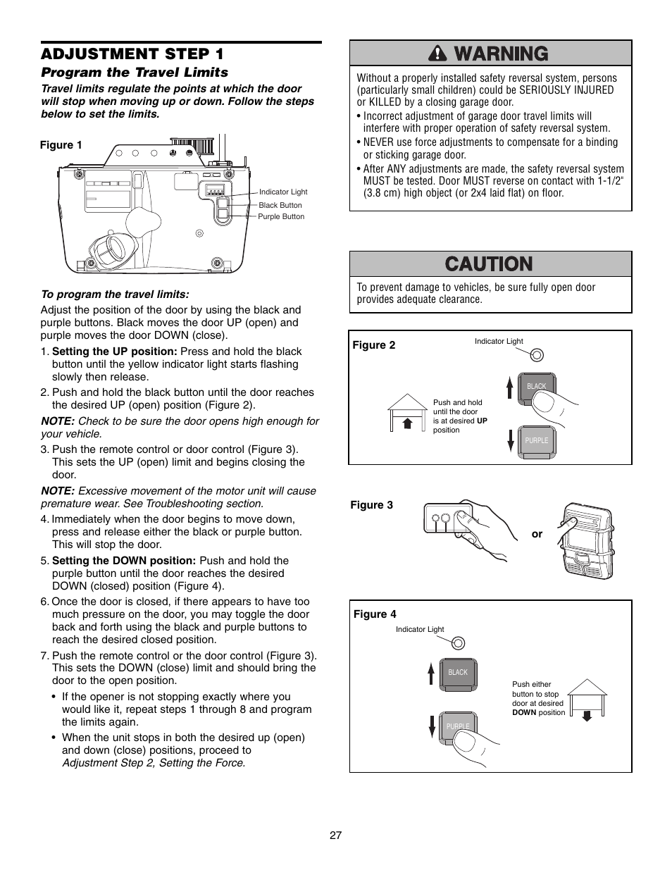 Adjustment, Program the travel limits, Adjustment step 1 | Craftsman 315 SERIES 139.53939D User Manual | Page 27 / 80