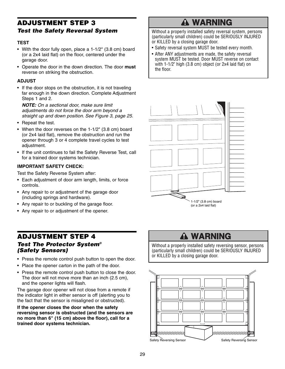 Test the safety reversal system, Test the protector system® (safety sensors), Adjustment step 4 | Adjustment step 3 | Craftsman 315 SERIES 139.53939D User Manual | Page 29 / 80