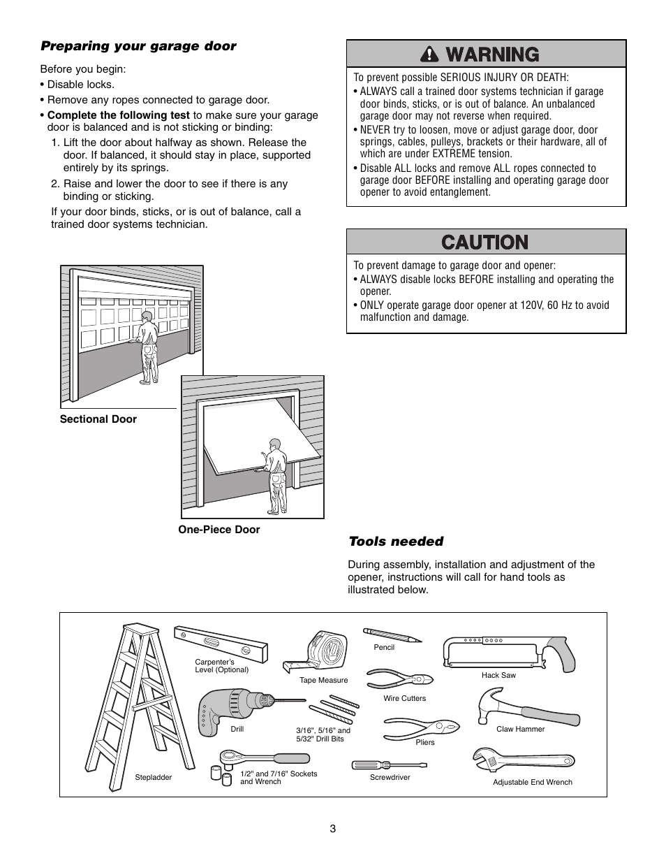 Preparing your garage door, Tools needed | Craftsman 315 SERIES 139.53939D User Manual | Page 3 / 80